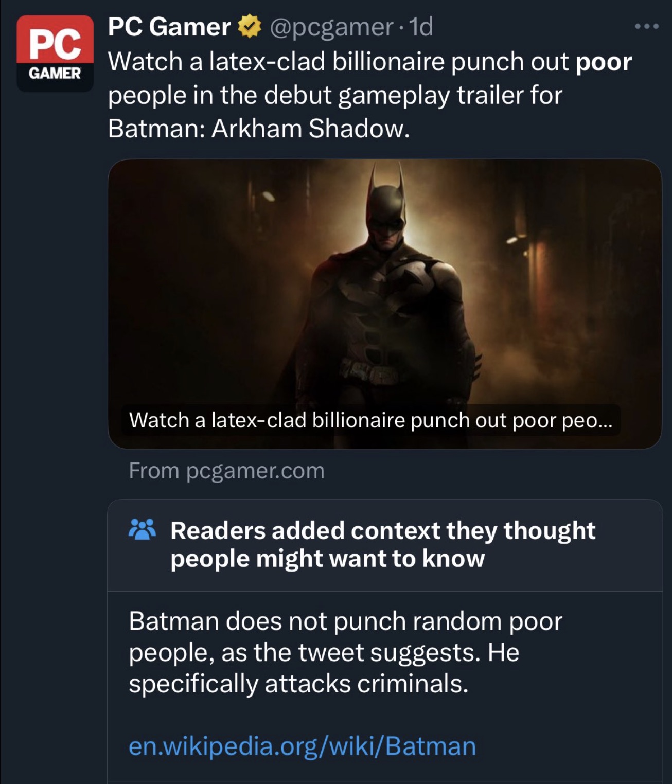 screenshot - Pc Gamer Pc Gamer . 1d Watch a latexclad billionaire punch out poor people in the debut gameplay trailer for Batman Arkham Shadow. Watch a latexclad billionaire punch out poor peo... From pcgamer.com Readers added context they thought people 